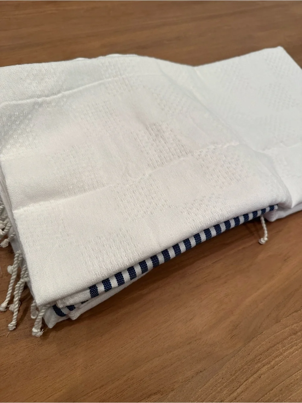 Set of 2 White Turkish Towels with Navy Stripe